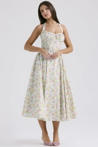Adabella Pale Blue Meadow Print Cotton Halter Sundress