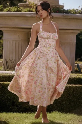 Adabella Pink Meadow Print Cotton Halter Midi Sundress