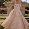 Adabella Pink Meadow Print Cotton Halter Midi Sundress