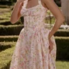 Adabella Pink Meadow Print Cotton Halter Midi Sundress