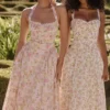 Adabella Pink Meadow Print Cotton Halter Midi Sundress