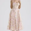 Adabella Pink Meadow Print Cotton Halter Midi Sundress