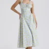 Adabella Soft Blue Vintage Floral Print Cotton Halter Sundress