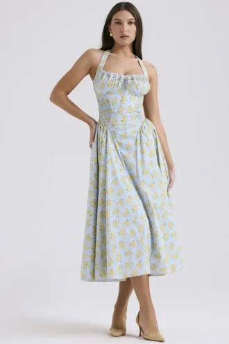 Adabella Soft Blue Vintage Floral Print Cotton Halter Sundress