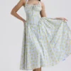 Adabella Soft Blue Vintage Floral Print Cotton Halter Sundress