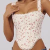 Adina White Rose Print Cotton Scallop Trim Corset Top