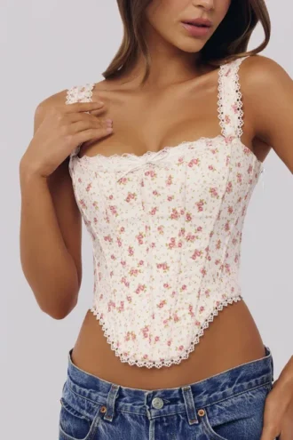 Adina White Rose Print Cotton Scallop Trim Corset Top