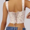 Adina White Rose Print Cotton Scallop Trim Corset Top