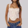 Adina White Rose Print Cotton Scallop Trim Corset Top