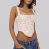 Adina White Rose Print Cotton Scallop Trim Corset Top