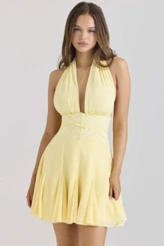Ailani Butter Yellow Georgette Halter Neck Mini Dress