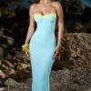 Aiza Ocean Blue Contrast Lace Maxi Dress