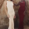 Akaia Champagne Waterfall Maxi Dress