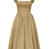 Alessandra Gold Jacquard Midi Dress with Detachable Bow