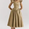 Alessandra Gold Jacquard Midi Dress with Detachable Bow