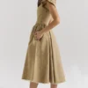 Alessandra Gold Jacquard Midi Dress with Detachable Bow