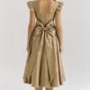 Alessandra Gold Jacquard Midi Dress with Detachable Bow