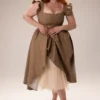 Alessandra Gold Jacquard Midi Dress with Detachable Bow