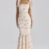 Alessina Ivory Vintage Rose Print Cotton + Lace Maxi Dress