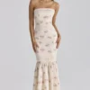 Alessina Ivory Vintage Rose Print Cotton + Lace Maxi Dress