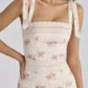 Alessina Ivory Vintage Rose Print Cotton + Lace Maxi Dress