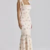 Alessina Ivory Vintage Rose Print Cotton + Lace Maxi Dress