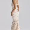 Alessina Ivory Vintage Rose Print Cotton + Lace Maxi Dress