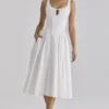Alira White Pleated Cotton Peekaboo Midi Dress