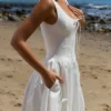 Alira White Pleated Cotton Peekaboo Midi Dress