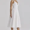 Alira White Pleated Cotton Peekaboo Midi Dress