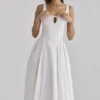 Alira White Pleated Cotton Peekaboo Midi Dress