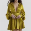 Allegra Chartreuse Pleated Shirt Dress