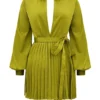 Allegra Chartreuse Pleated Shirt Dress