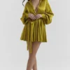 Allegra Chartreuse Pleated Shirt Dress