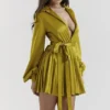 Allegra Chartreuse Pleated Shirt Dress