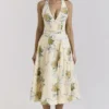 Allena Lemon Ribbon Stretch Cotton Halter Midi Sundress