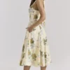 Allena Lemon Ribbon Stretch Cotton Halter Midi Sundress