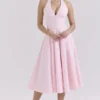 Allena Pink Stretch Cotton Halter Midi Sundress