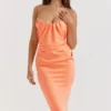 Alora Tangerine Strapless Corset Midi Dress