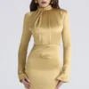 Amala Gold Long Sleeve Satin Mini Dress
