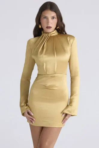 Amala Gold Long Sleeve Satin Mini Dress