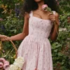 Amara Pink Rose Print Stretch Cotton Corset Midi Dress
