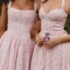 Amara Pink Rose Print Stretch Cotton Corset Midi Dress