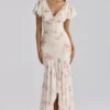 Amina Ivory Vintage Rose Print Georgette Maxi Tea Dress