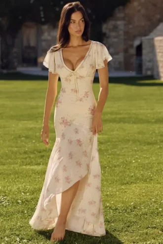 Amina Ivory Vintage Rose Print Georgette Maxi Tea Dress