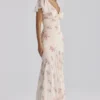 Amina Ivory Vintage Rose Print Georgette Maxi Tea Dress