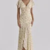 Amina Lemon Floral Print Georgette Maxi Tea Dress