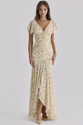 Amina Lemon Floral Print Georgette Maxi Tea Dress