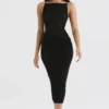 Amirah Black Mesh Crystal Embellished Midi Dress