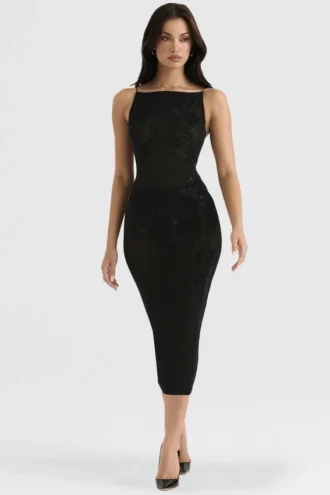 Amirah Black Mesh Crystal Embellished Midi Dress